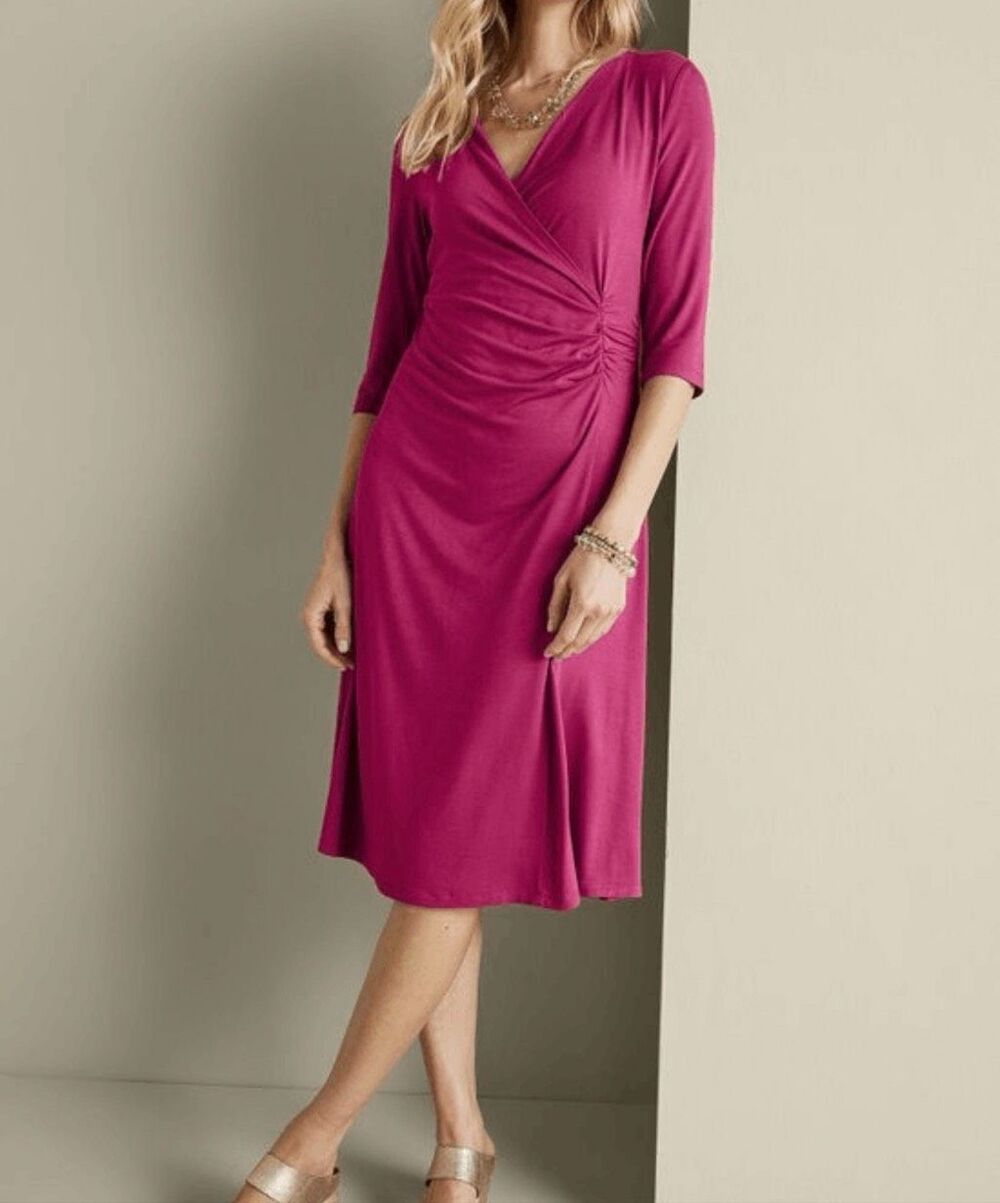 Soft Surroundings $130 Hyannis Faux Wrap Dress in magenta pink L Women NEW